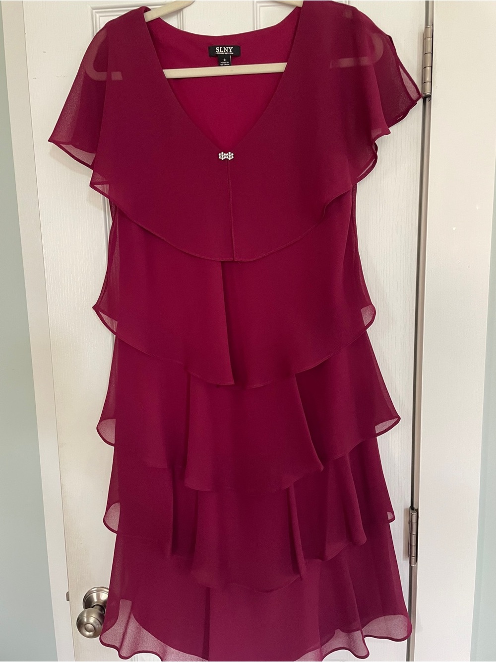 SLNY Raspberry Layered Chiffon Tier Dress